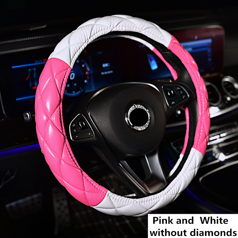 car steering wheel cover leather black and white blue purple red for women bling diamond car interior accessories 38cm 15 inch