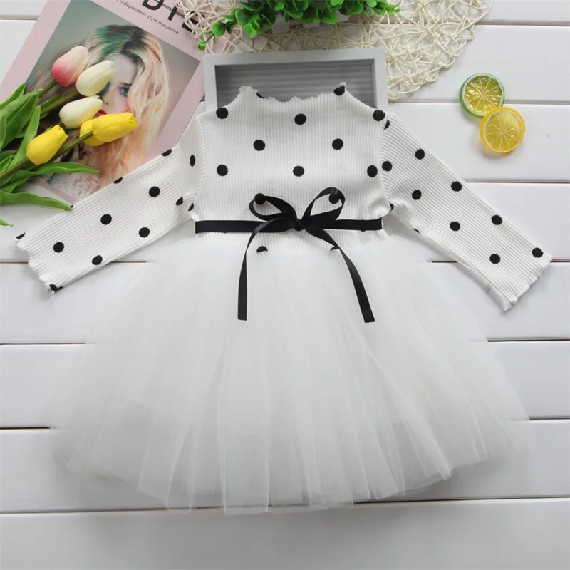 Коллекция года, осенне-зимнее платье для девочек детское платье с длинными рукавами для девочек хлопковые детские платья в горошек для девочек, размер От 1 до 5 лет - Цвет: White