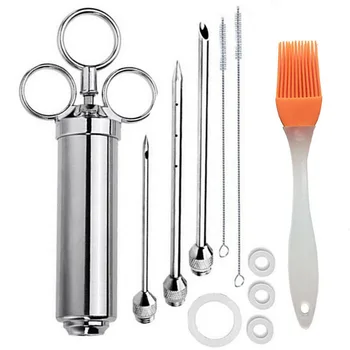 

Stainless steel seasoning turkey steak syringe turkey needle Three needle head with cleaning brush Silicone brush