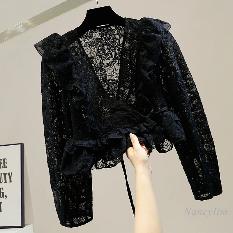 

Lantern Sleeve Lace Blouse Woman Fashion Cross V-neck Lace Up Ruffled Crochet Hollow Out Transparent Cropped Shirt Tops 2021