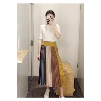

2020 New Women Knitted Midi Skirt Color Matching Stripe Elastic Waist Female Wild Stylish Long Skirts Knitwear Organ Set
