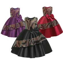 Сатиновое платье с цветочным узором для девочек на свадьбу и день рождения, шелковые платья с бантом и пайетками для девочек, Детский костюм детские платья 6, 8, 10, 12 лет