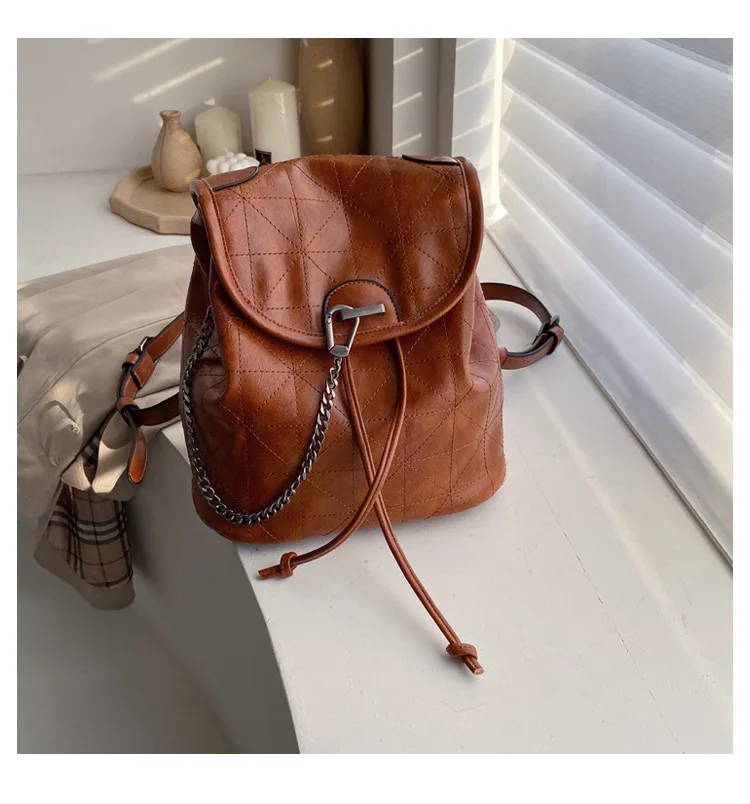 Women's Fashion Soft Leather Backpack With Chain Female Large Capacity Geometric Backpack Purse Girls Travel Bags Black Wine red (5)