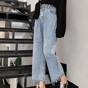 

Jeans high waist woman street dress straight jeans blue female 100% cotton