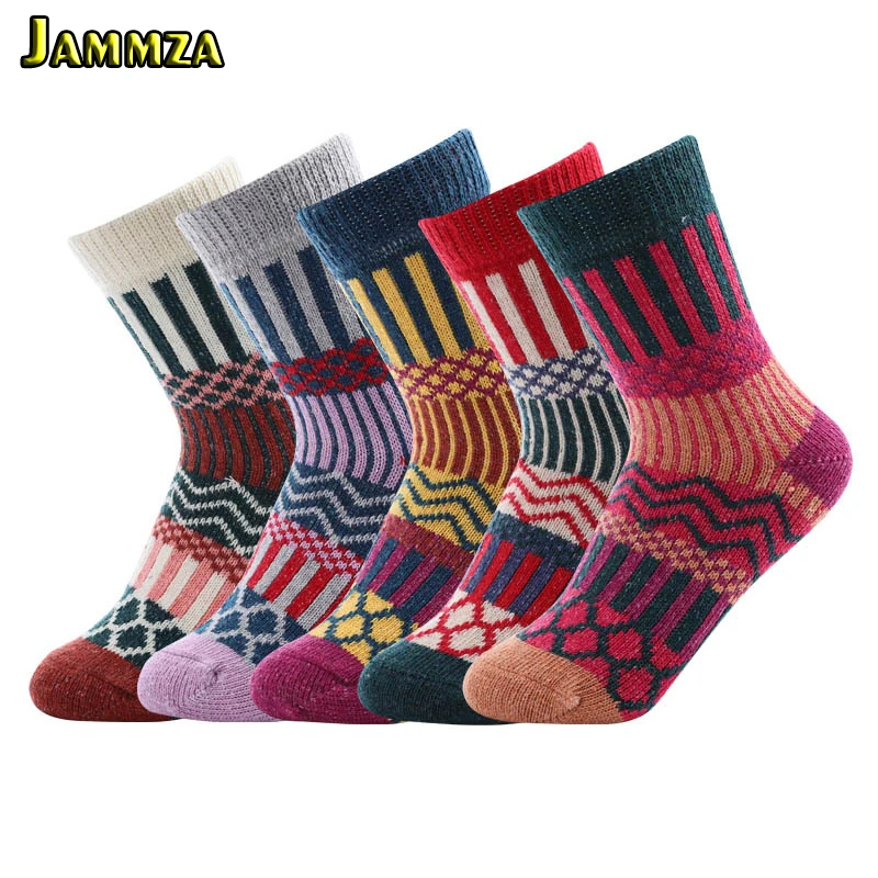

5Pairs/Lot Women Ethnic Style Keep Warm Socks Cotton Rabbit Hair Wool Colorful Socks Stripe Lattice Winter Cashmere Thick Crew
