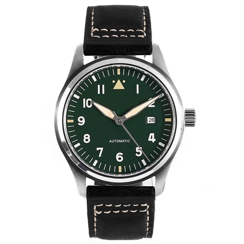

42mm Green Dial Spitfire Pilot Watch 5ATM JAPAN MIYOTA Automatic Domed Sapphire Crystal Lumed Genuine Leather Strap