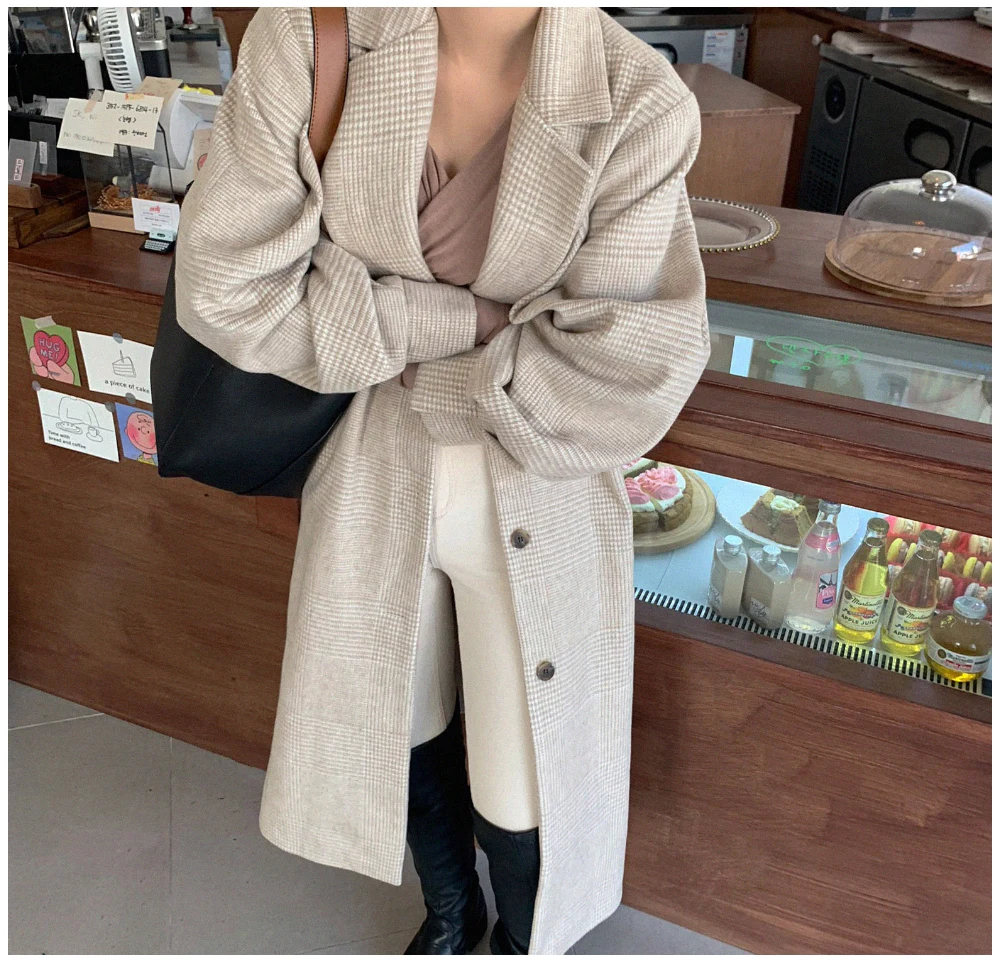 Корейское шикарное Новое модное зимнее Элегантное однобортное свободное клетчатое шерстяное пальто с отворотом и рукавом-фонариком размера плюс длинное женское пальто
