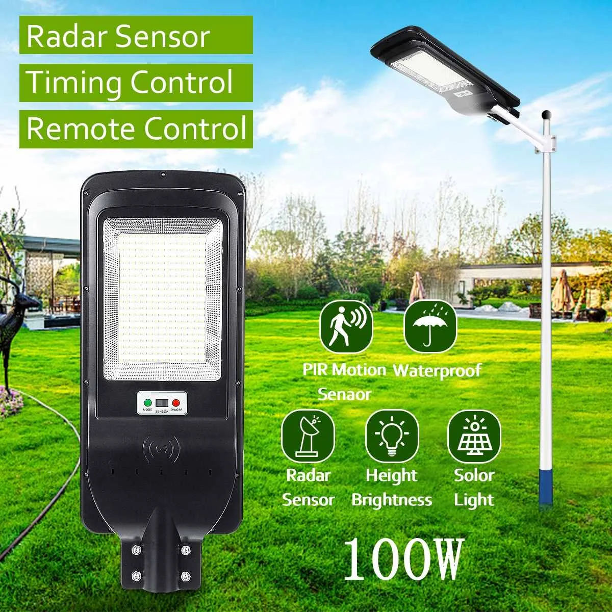 

100W 300 LED Solar Light with Timing Remote Control 5730smd Radar Sensor Outdoor Solar Lighting Waterproof IP65 for Garden Yard