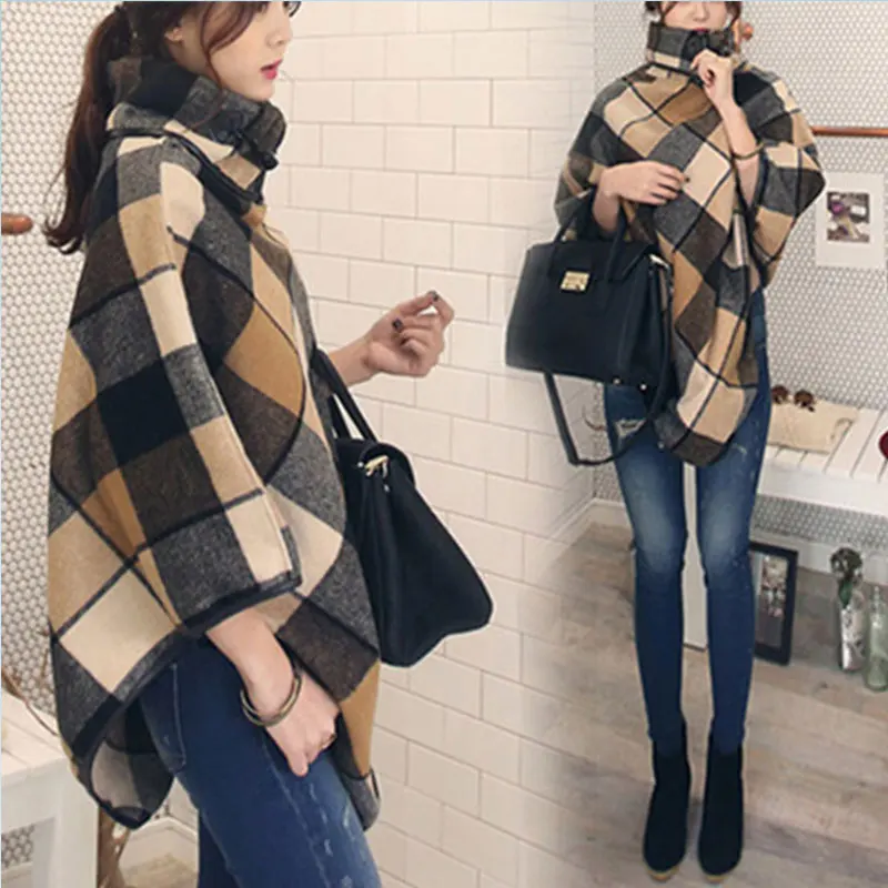 

Woman Woolen Coat 2019 New Fashion Shawl Lattice Coats Korean Large size Splice Cloak Type Autumn Female Coat SS641