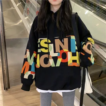 

Obrix Loose Spring Hooded Sporty Female Hoodie Wide Waisted Full Sleeve Writings Cartoon Print Hoodie For Women