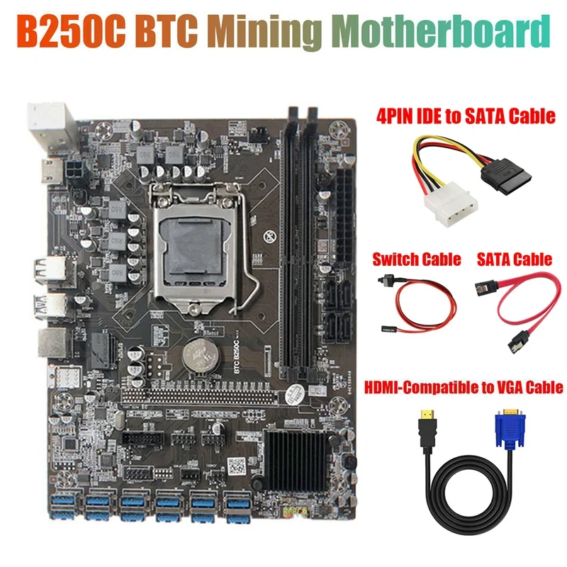 B250C Mining Motherboard with 4PIN IDE to SATA Cable+HD to VGA Cable