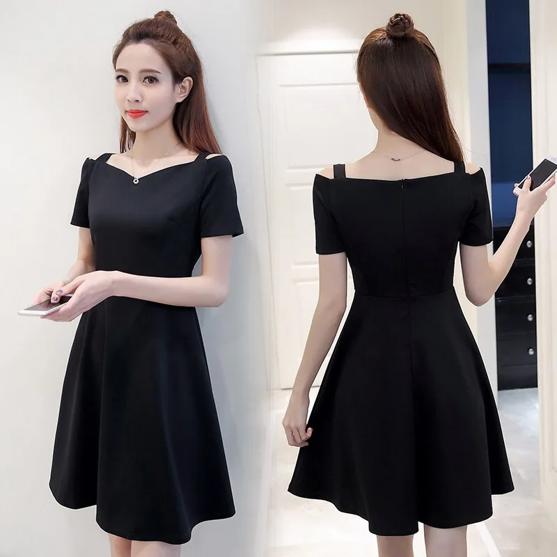 

[] Spring Summer Slim Fit Short Sleeve off-Shoulder Tube Top Black And White with Pattern Strapped Dress Women's Mid-length Blac