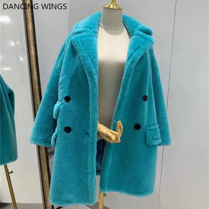 

2020 Winter New Fashion Womens Teddy Bear Coat Real Wool Sheep Fur Long Coats Jacket Thick Warm