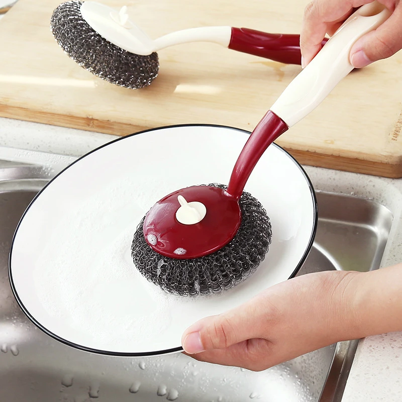 Kitchen long handle steel ball wash pot brush dish brush cleaning brush
