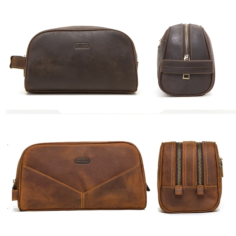 Contact's Men Makeup Bag Genuine Leather Large Waterproof Cosmetic Travel Bags Women Toiletry Organizer Big Wash Bag Zipper Case