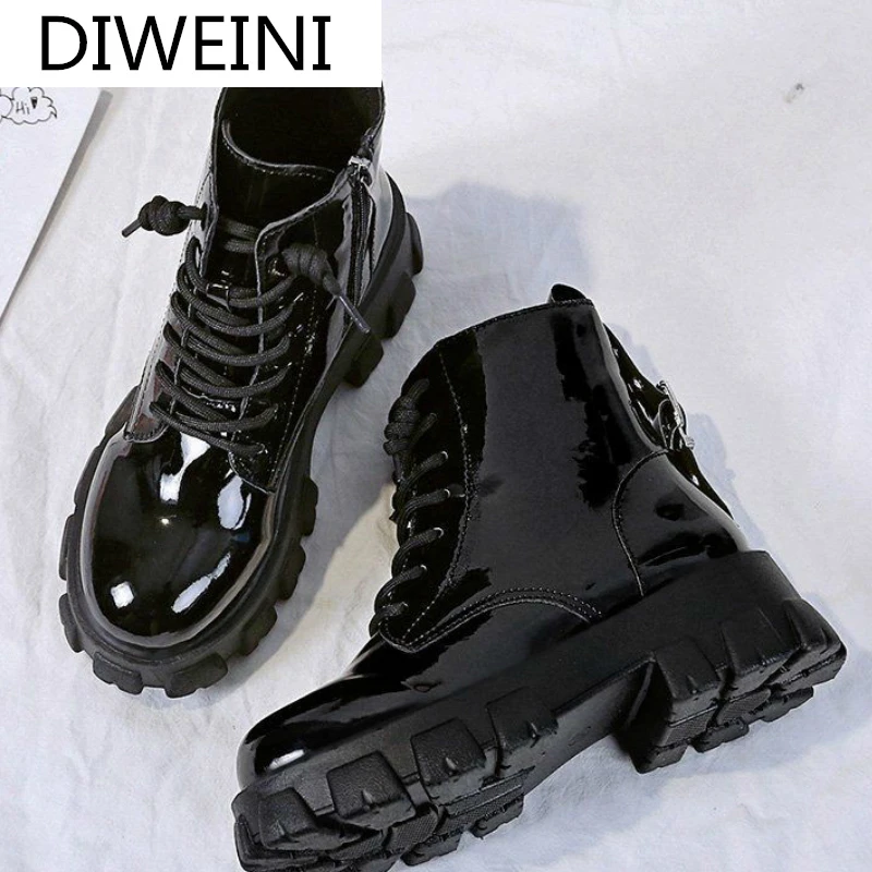 

Round Toe Med Heel Boots Women Shoes Autumn Boots-women Booties Ladies Lace Up Luxury Designer Lolita Black 2020 Rubber Flat