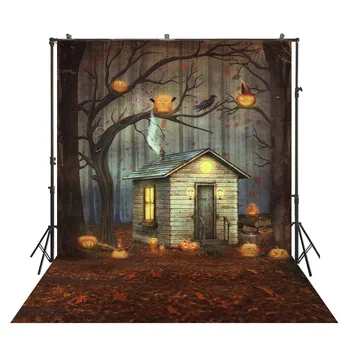 

HuaYi wonderful pumpkin lanterns wooden house decoration night background backdrops for Halloween day photoshoot D-9258