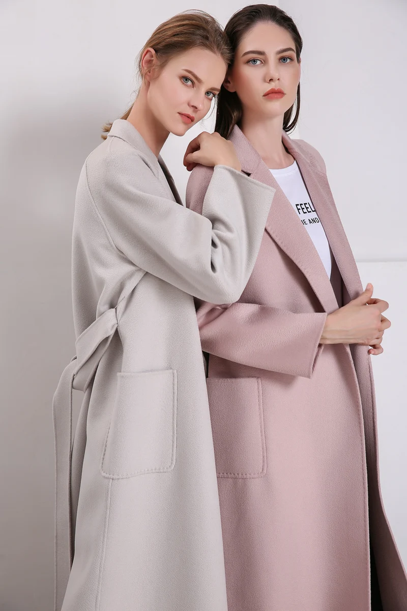 Luxury Women's Runway Coats Turn Down Collar Long Sleeves Sash Belt Elegant Double Cashmere Wool Overcoats Winter Outerwear