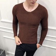 Лидер продаж, мужские свитера, мода, Осень-зима, вязаные пуловеры, мужские, длинный рукав, облегающие, v-образный вырез, Повседневные свитера, мужская одежда