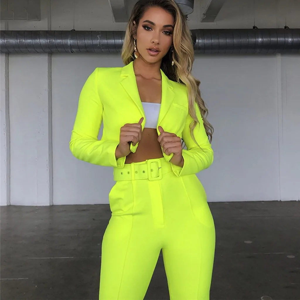 

Casual Solid Women Pant Suits Notched Collar Blazer Jacket & Pencil Pant Khaki Female Suit Autumn 2019 High Quality#J30