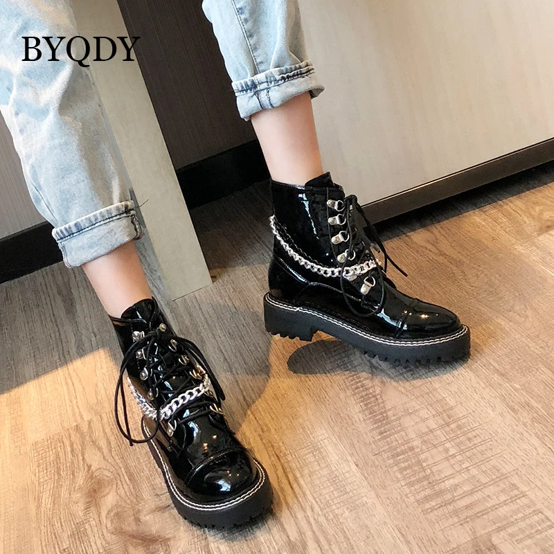 

BYQDY Sexy Chains Women Patent Leather Round Toe Classic Ankle Booties Platform Heel Autumn Winter Chelsea Boots Black Size 40