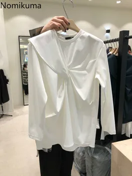 

Nomikuma Korean Style Women Blouses Shirts 2020 Spring Summer Irregular Long Sleeve O Neck Solid Top Blusas Mujer De Moda 6A036