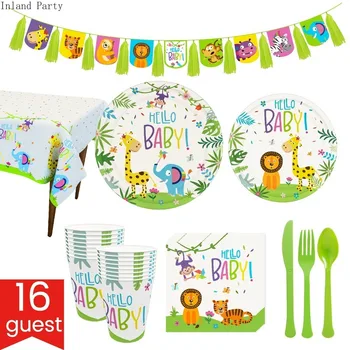 

Zoo Lion Giraffe Disposable Tableware Set Animal Theme Paper Plate Straw Cup for Jungle Party Birthday Decoration Party Supplies