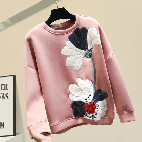 pink Neploe осенне-зимний космический хлопковый свитер с цветами и блестками модный Свободный пуловер Топ корейский плотный женский худи 56717 - Цвет: pink