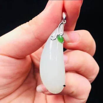 

925 Silver Natural White HeTian Jade Water Dropping Drop Design Lucky Pendant + Free Chain Necklace For Women Gift Fine Jewelry