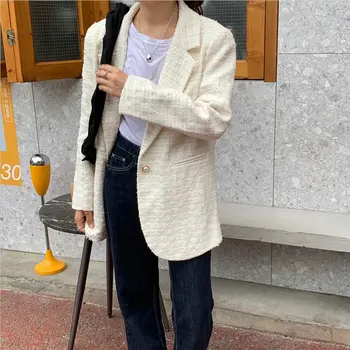 

HziriP Fashion Elegant Office Ladies Woolen Solid Full-Sleeved Autumn 2019 Chic Korea Loose OL All Match Casual Women Blazers