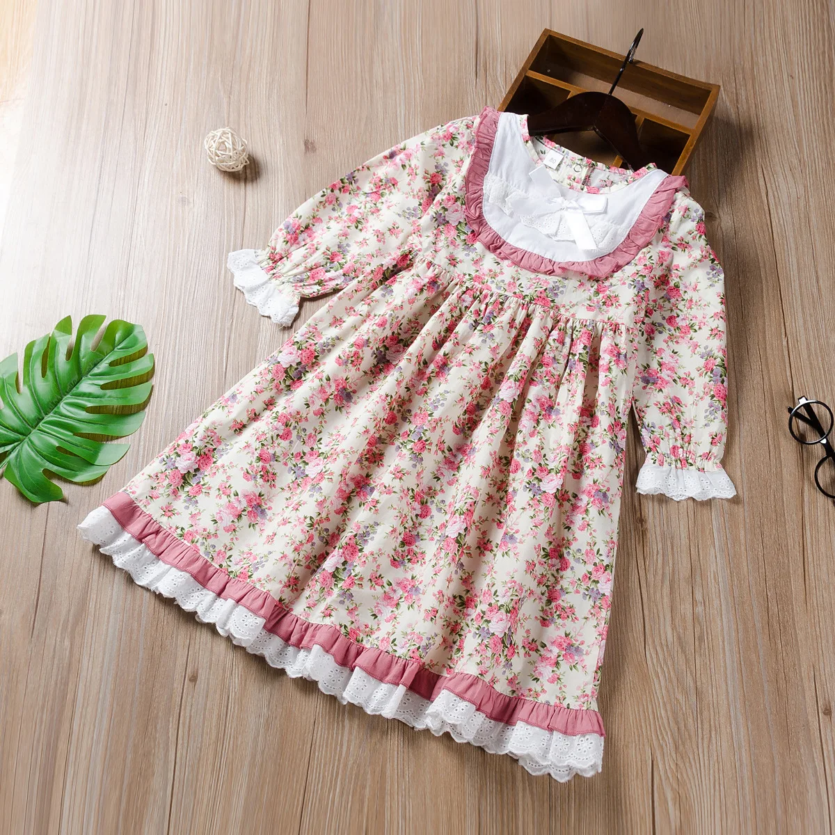 Spring Autumn Girls Dress Baby Collar with Ear Cute Floral Lace Long Sleeve Children's Frocks Bow | Детская одежда и обувь