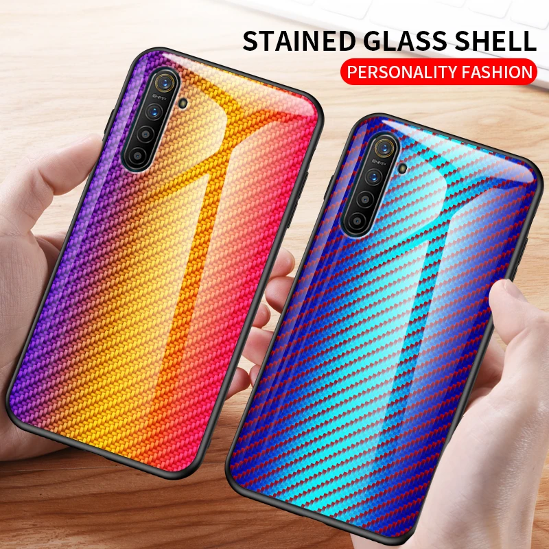 Роскошный углеродный чехол из закаленного стекла для Oppo Realme XT градиентный витражный стеклянный чехол для телефона для Oppo Realme X2 чехол для телефона