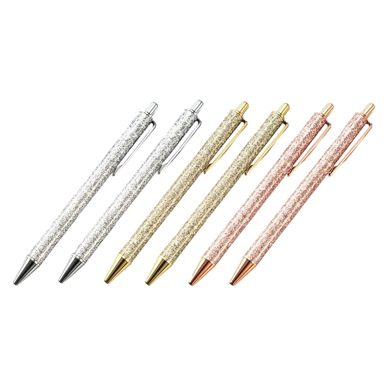 6Pcs Glitter Ballpoint Pens Metal Retractable Pen Black Ink 1mm Medium Point Silver Gold Rose Click Ball Gifts |