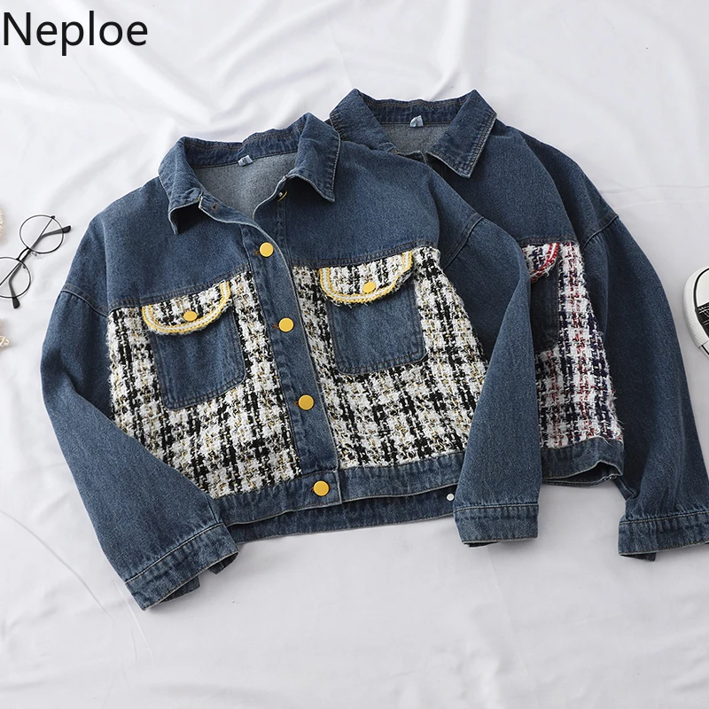 Neploe/корейская модная джинсовая куртка в стиле пэчворк; Повседневная Свободная короткая куртка; Chaqueta Mujer; сезон осень-зима; приталенное пальто с длинными рукавами; 46558