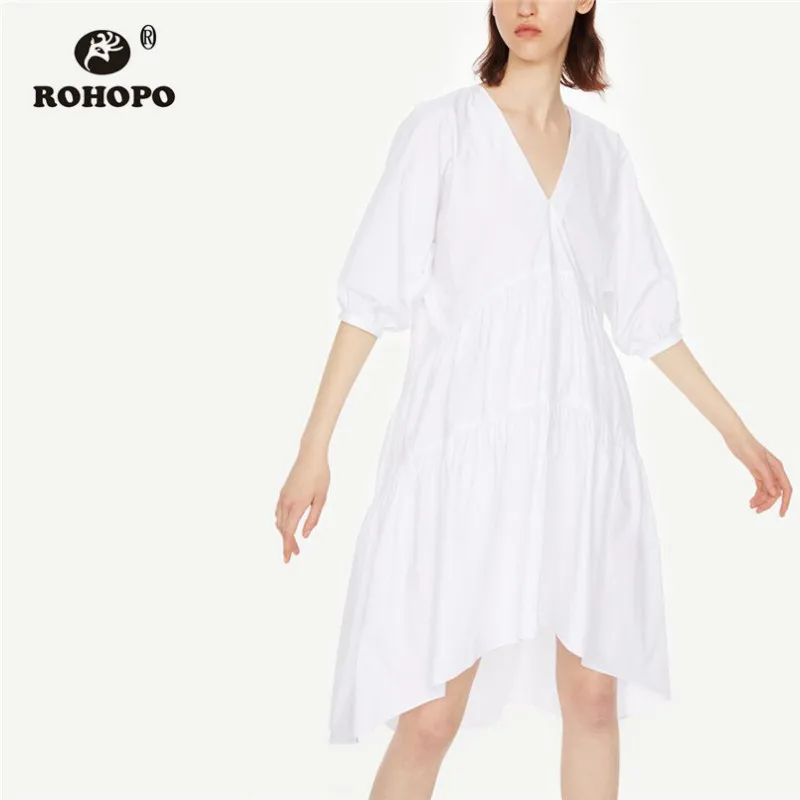 

ROHOPO V Collar Lantern Half Sleeve White Cotton Knee Length Dress Gradient Ruffled Loose Chic Autumn Vestido #6497