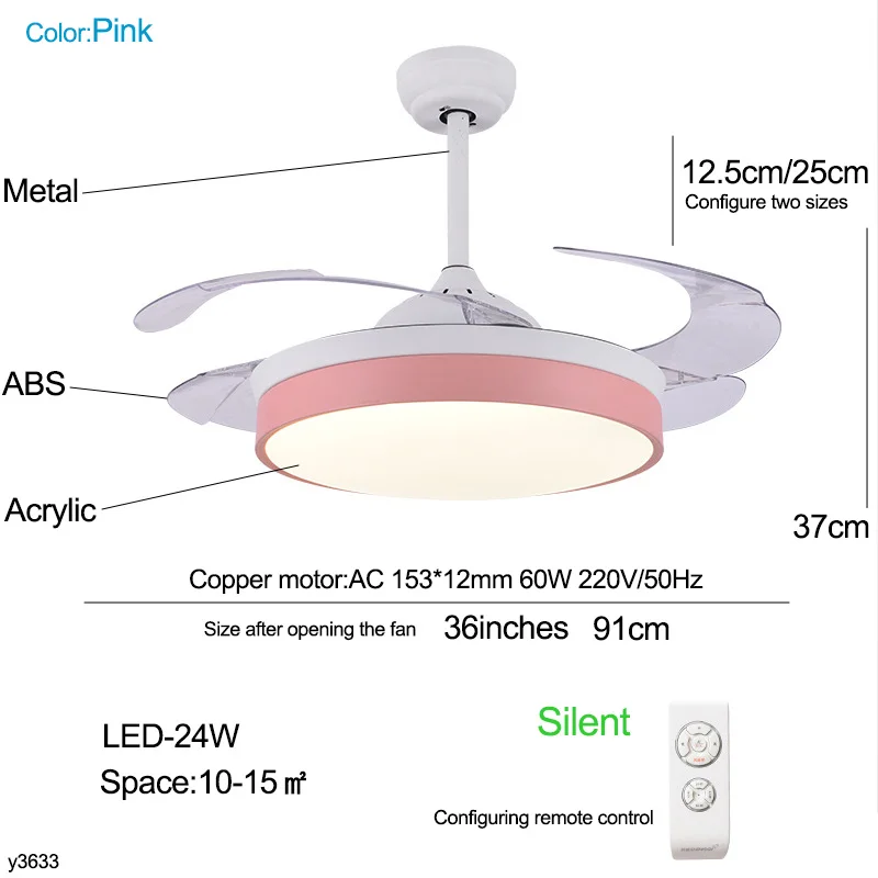 Потолочный вентилятор с пультом в спальню Люстра c вентилятором в гостиную Канальный вентилятор Вытяжной вентилятор охлаждения LED Светодиодная люстра вентилятор потолочнный Веер Прозрачная лопасть 36 дюйм - Цвет лезвия: Pink 36inch