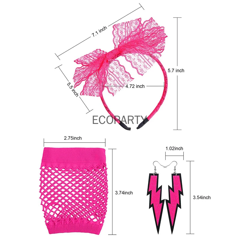 80s Lace Headband Neon Earrings Fingerless Fishnet Gloves for Pop 80's Party Women Costume Accessories Set Fancy Outfit