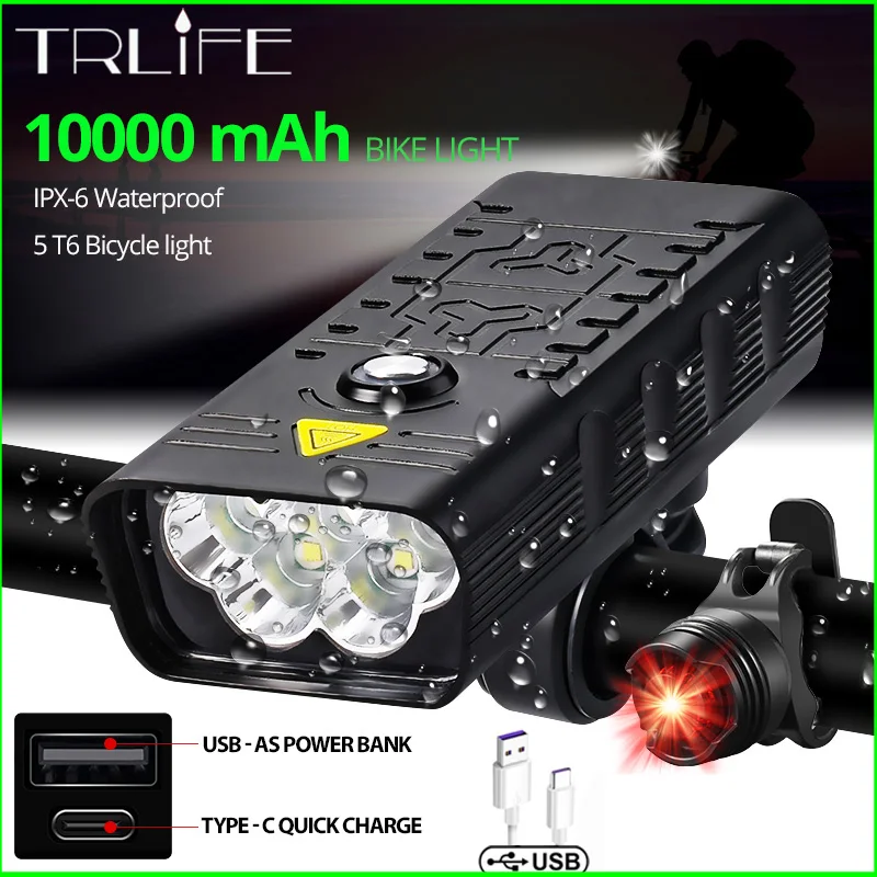 Bike-Light Back Super-Bright-Flashlight Rechargeable 10000mah 3000 Lumens 5T6 And USB