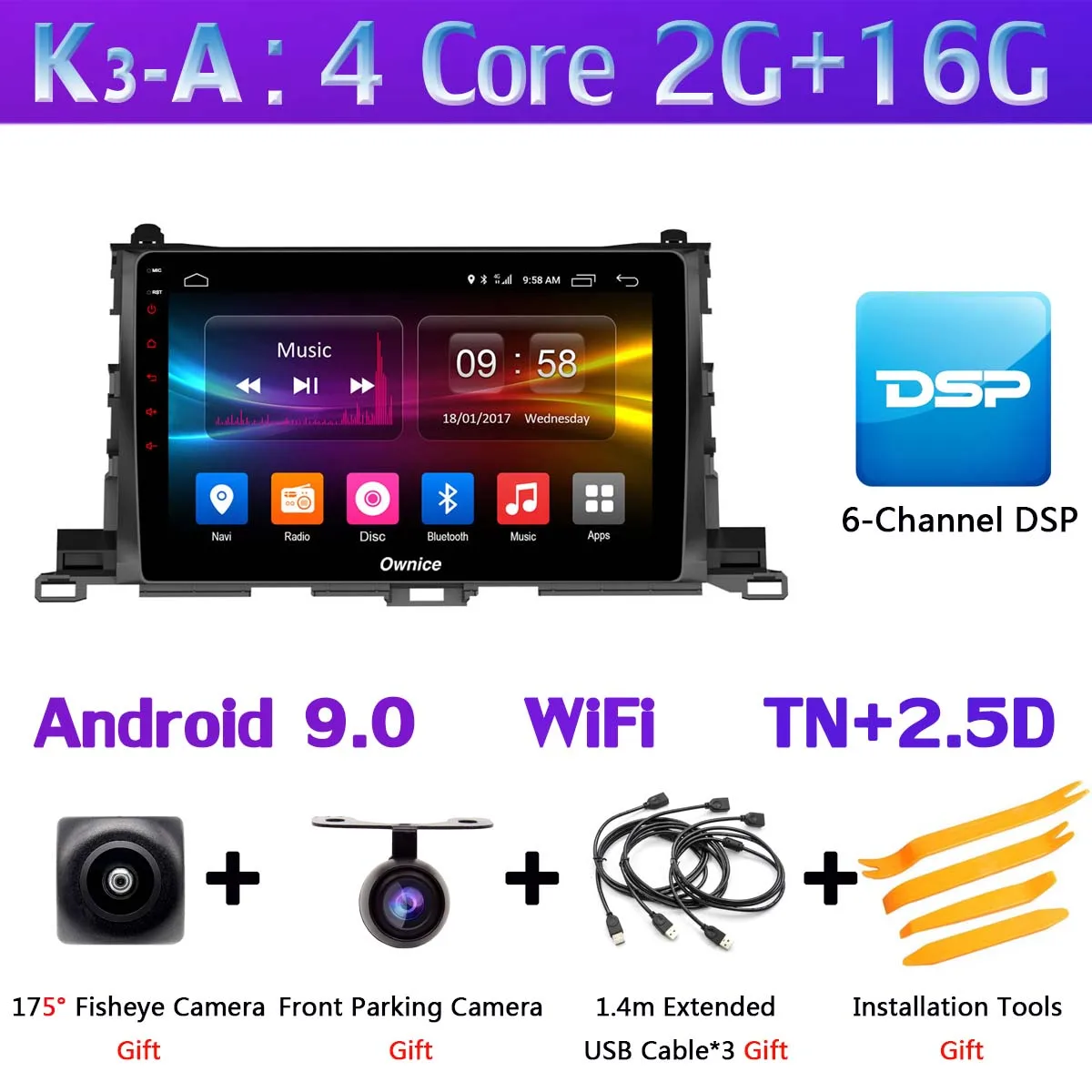 360 ° панорамный Android 9,0 4+ 64G gps радио CarPlay SPDIF DSP автомобильный мультимедийный плеер для Toyota Highlander - Цвет: K3-A