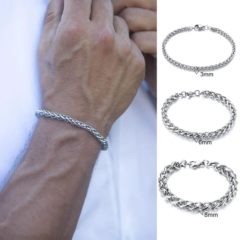 MEN'S JEWELRY 3 TO 8MM WIDE STAINLESS STEEL WHEAT CHAIN BRACELET 7.48 TO 9 INCHES LOBSTER CLASP
