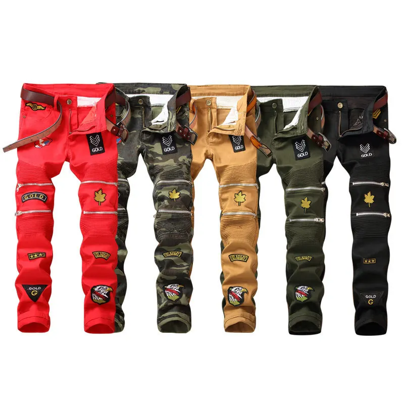 

Cross border source Korean men's jeans men's red zipper jeans pants slim Leggings