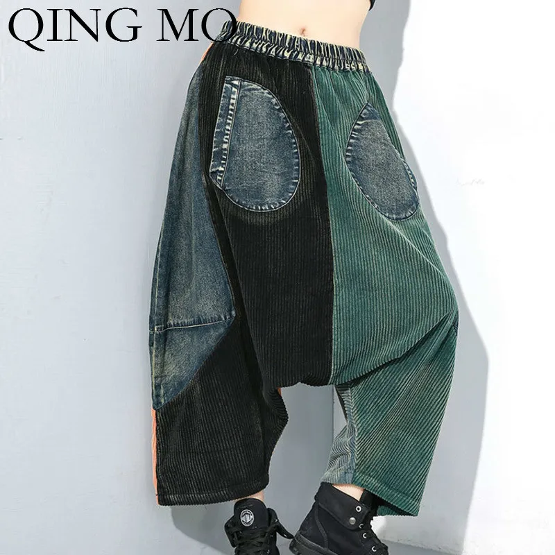 QING MO Women Winter Cross Pants 2020 Patchwork Color Personality Plus Size High Waist ZQY2439 | Женская одежда