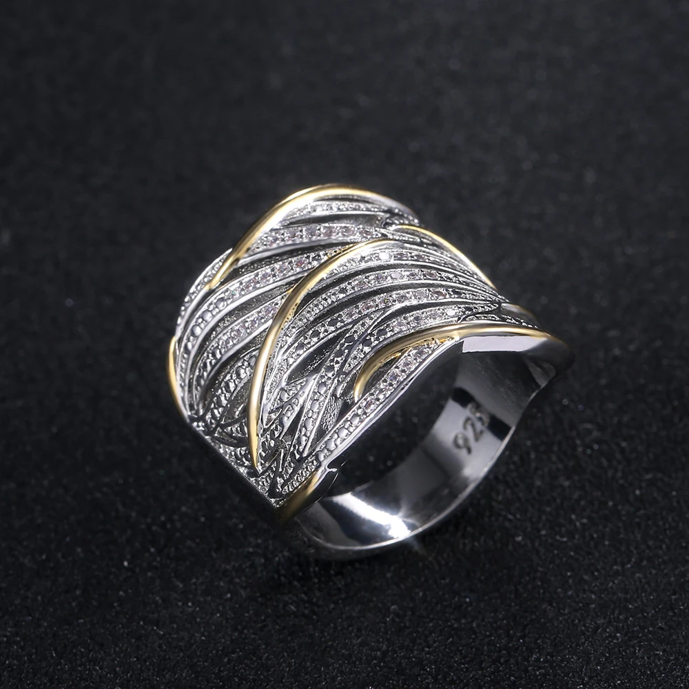 Huitan Two Tone Personality Women Ring Hollow Out Geometric Shape Lady Party Accessories Female Metallic Rings Fashion Jewelry