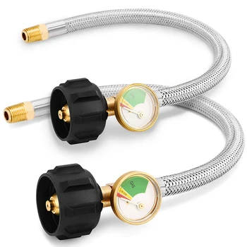 

Propane Hose 1/4 Inch Male NPT with Gauge, 12 Inch Stainless Steel Braided RV Pigtail Propane Hose Connector for Standard Two-St