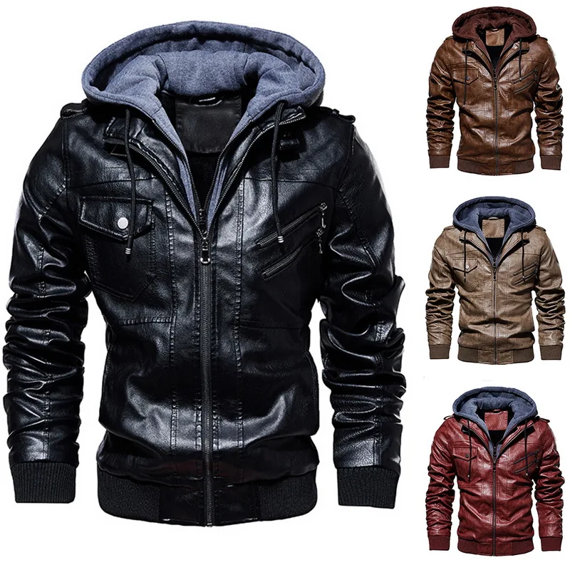 Модные брендовые мужские Куртки из искусственной кожи, зимняя новинка, Мужская Удобная кожаная куртка, Мужская повседневная кожаная куртка с капюшоном, пальто