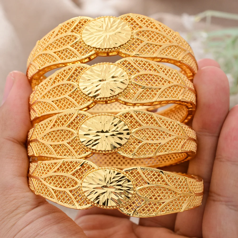 4pcs/Lot High Quality Gold Color Ethiopian Bangles For Women Girls Dubai Wedding Bride Habesha Sets African Items Gift