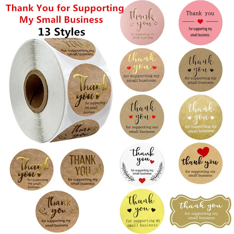 

13 Types 500pcs "Thank You for Supporting My Small Business" Pink Kraft Gold Foil Stickers with Heart For Shop Handmade Sticker