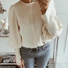 Женская осенне-зимняя атласная рубашка с длинными рукавами и пуговицами Офисная Женская рабочая одежда однотонная блуза с круглым вырезом и рукавами-Шароварами
