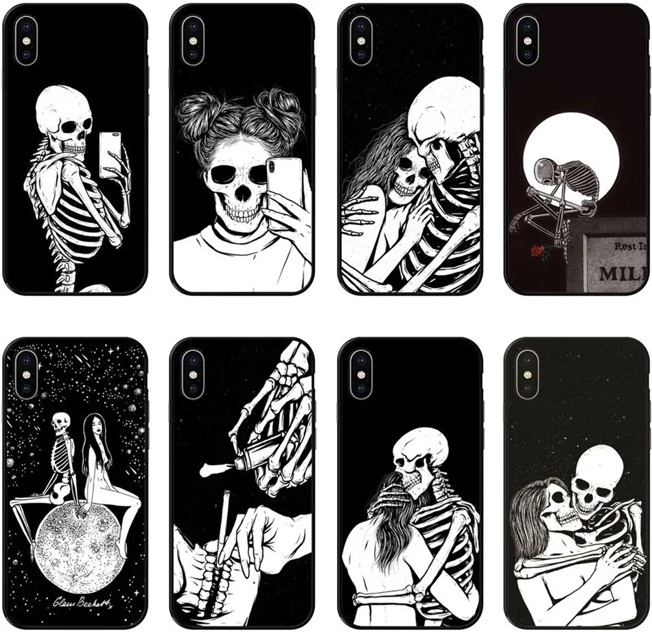 Черная пара черепа Скелет Мягкий ТПУ чехол для телефона iPhone XS MAX 6 6splus 7 7Plus 8 8Plus X XR