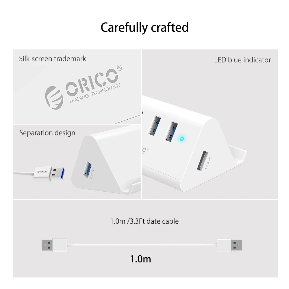 ORICO Mini 4 порта USB 3,0 концентратор разветвитель 5 Гбит/с высокая скорость для настольного ноутбука с подставкой держатель для телефона Tablet PC-черный/белый